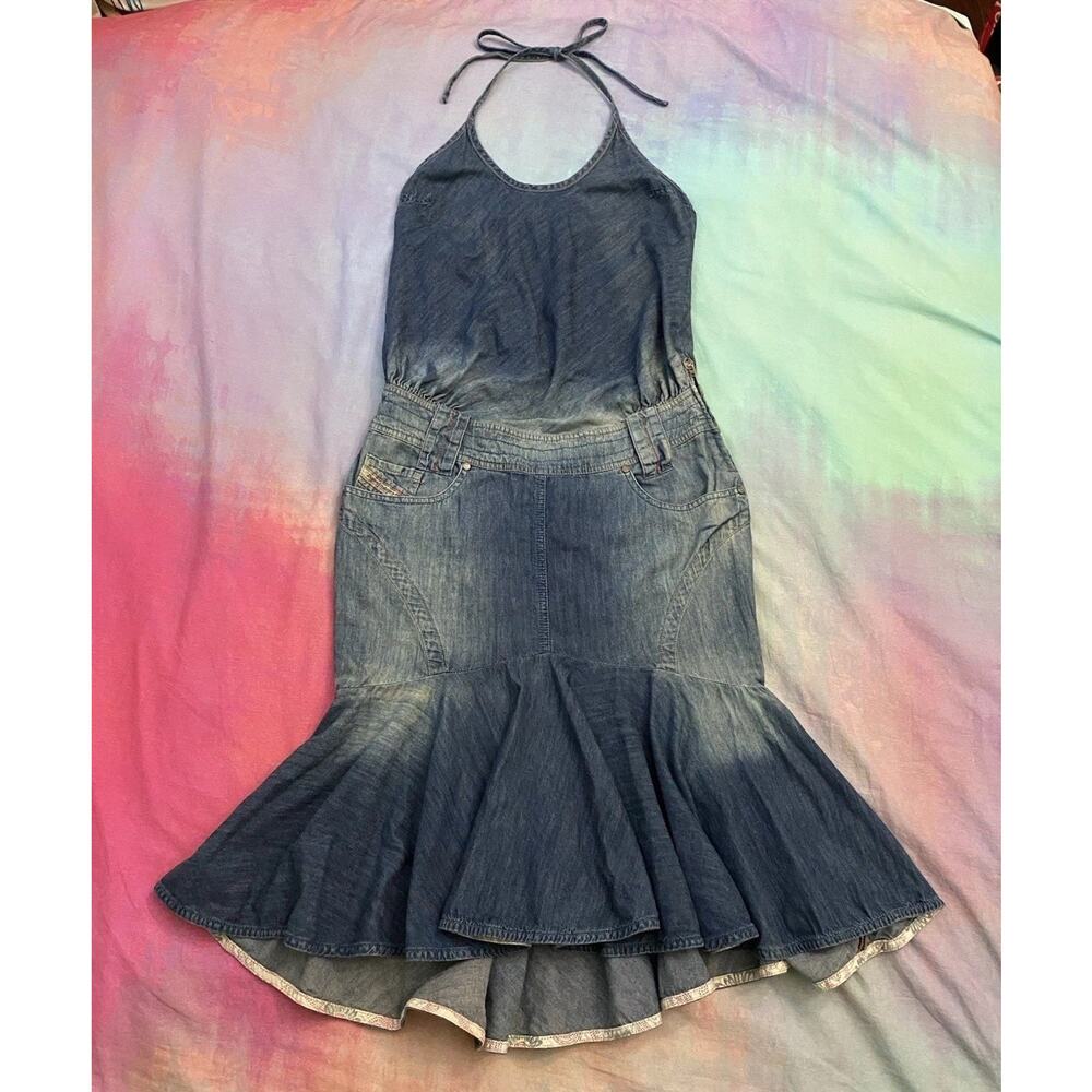 Denim Halter Mermaid Midi Dress - Blue